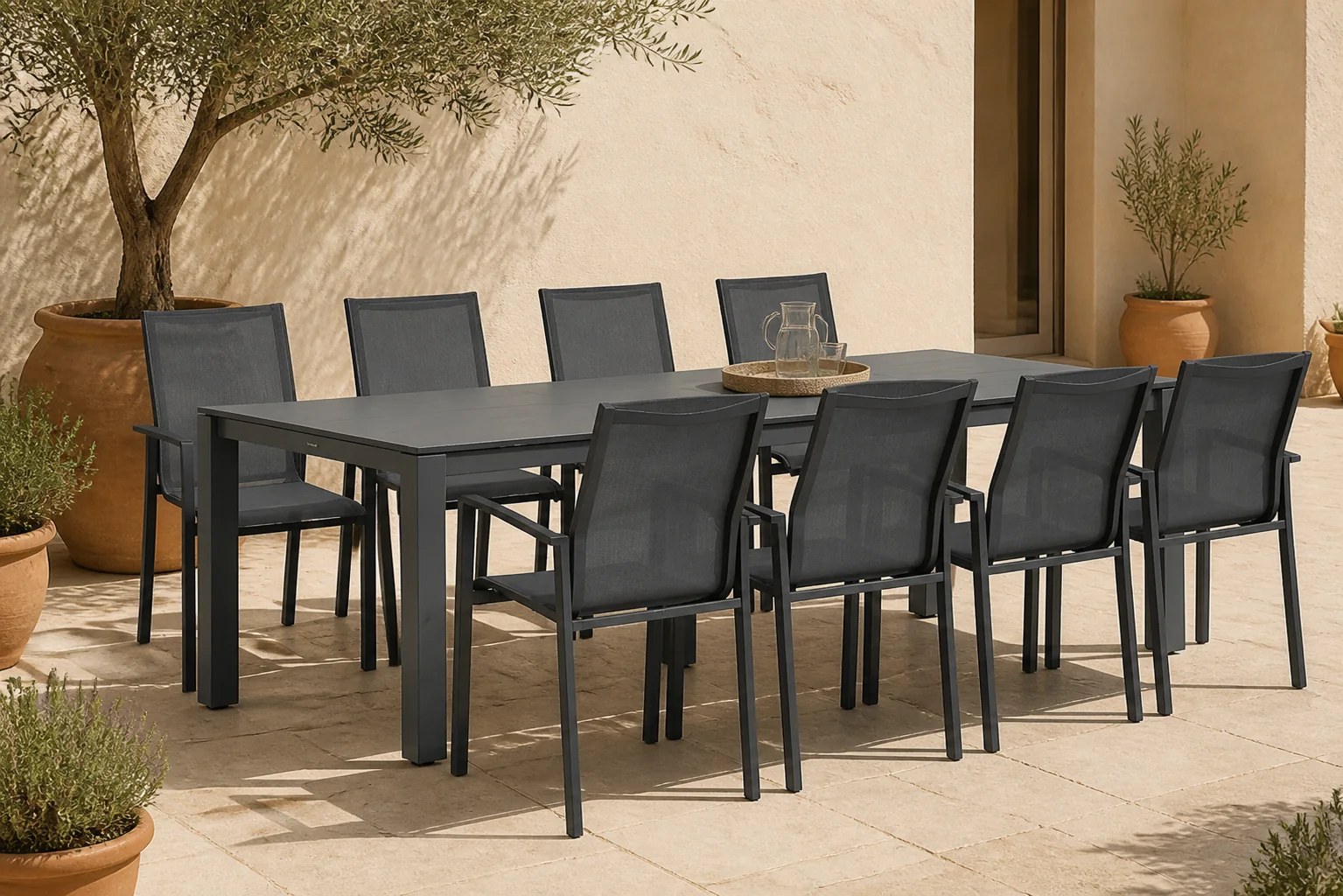 Sfeerfoto van Lifestyle Garden Furniture Timo/Yoko 300×100 cm dining tuinset 9-delig – Grijs-antraciet