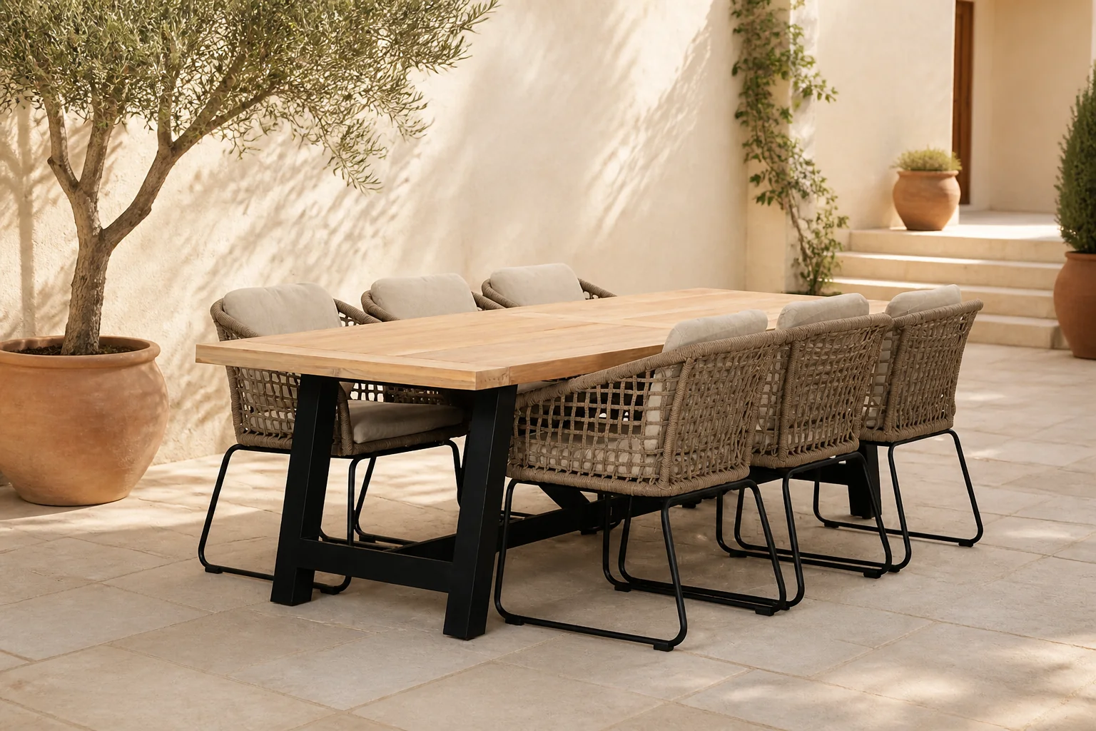 Sfeerfoto van LUX outdoor living James/Tulum Sahara Dust dining tuinset | 6 personen | teakhout + touw | 260cm – Zand