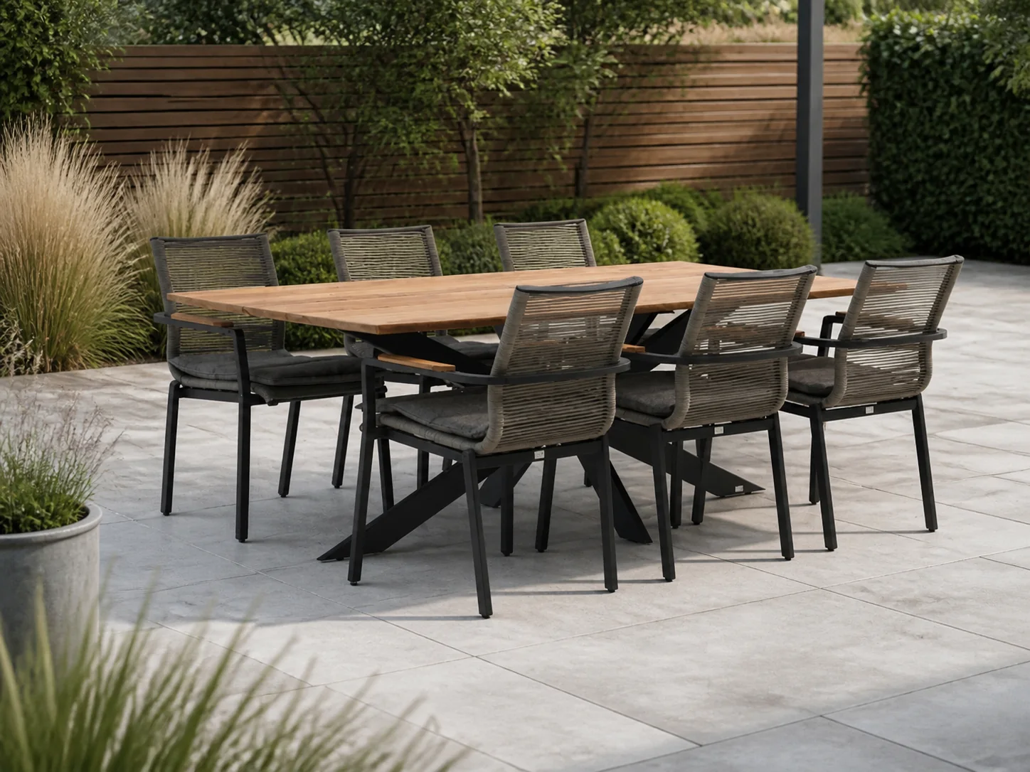 Sfeerfoto van Bellagio tuinmeubelen Marudo/Furato 220cm dining tuinset 7-delig stapelbaar – Bruin