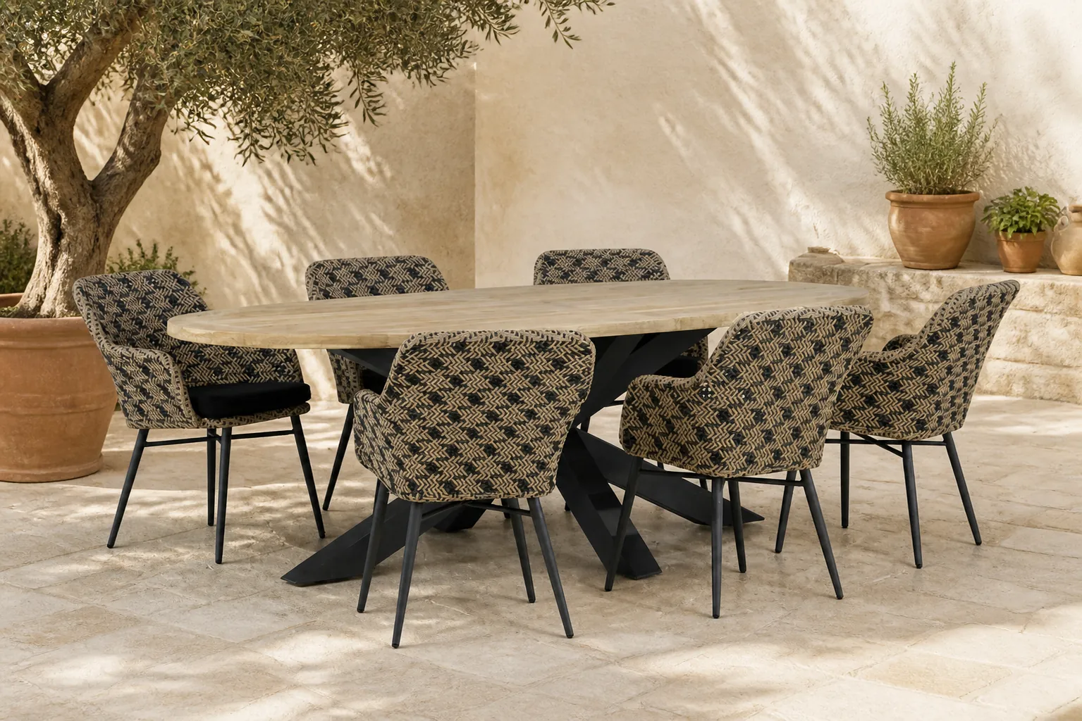 Sfeerfoto van Lifestyle Garden Furniture Crossway/Brookline 240 cm ovaal dining tuinset 7-delig – Zwart-wit
