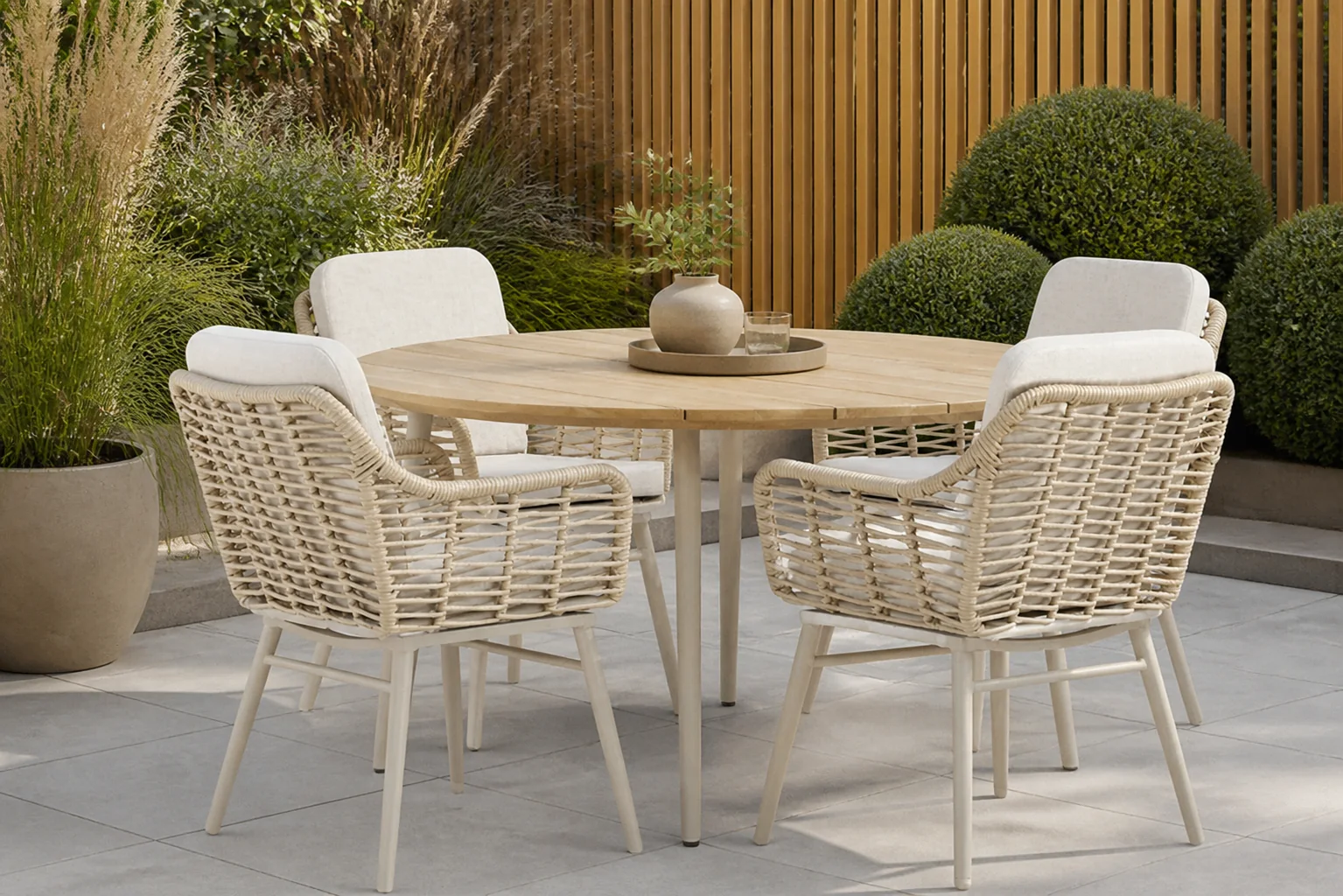 Sfeerfoto van Coco Antoni/Montana 130 cm dining tuinset 5-delig – Taupe-naturel-bruin