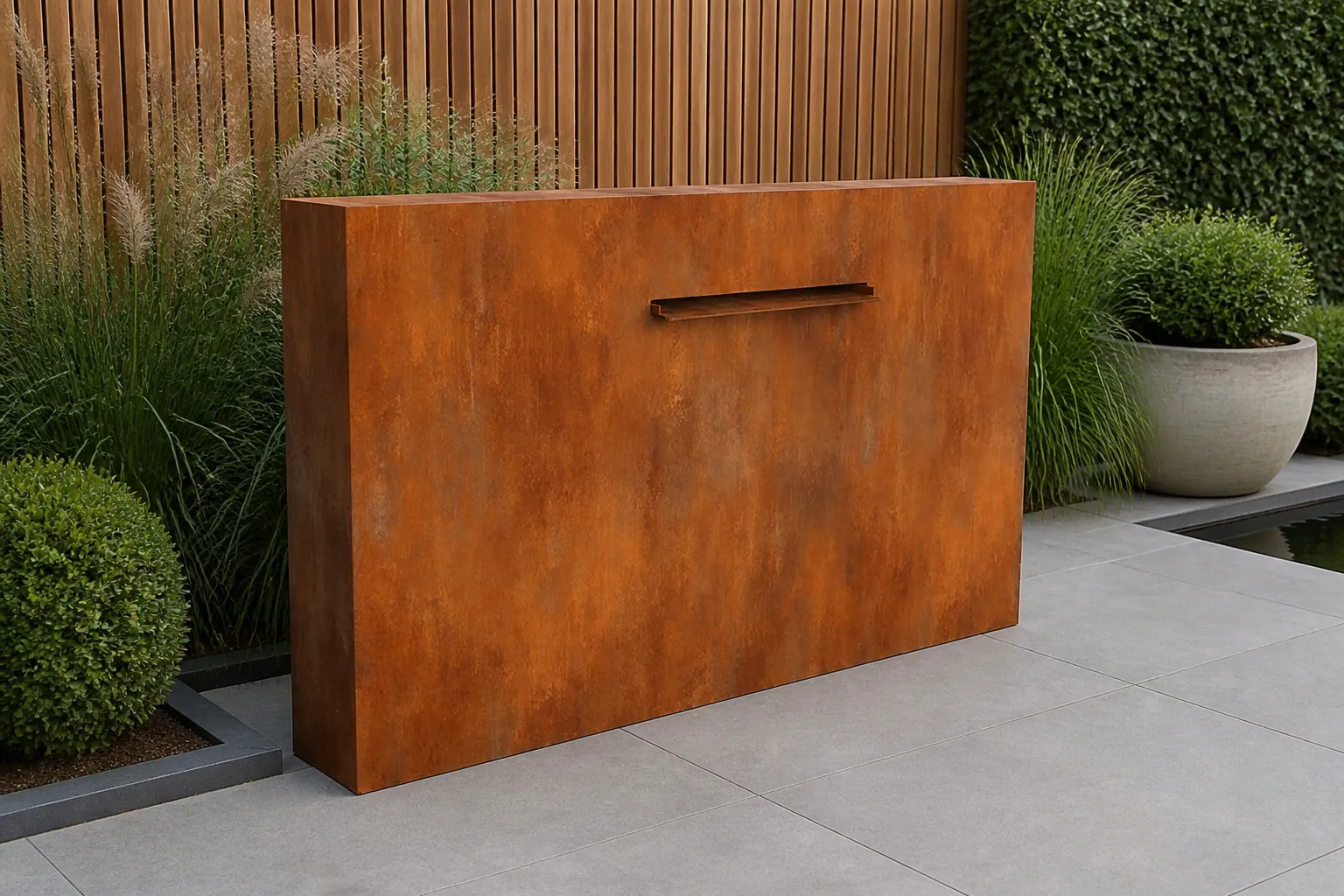 Sfeerfoto van Geroba Cascadi Cortenstaal Watervalelement naast vijver 2500 x 250 x 1200 mm – bruin