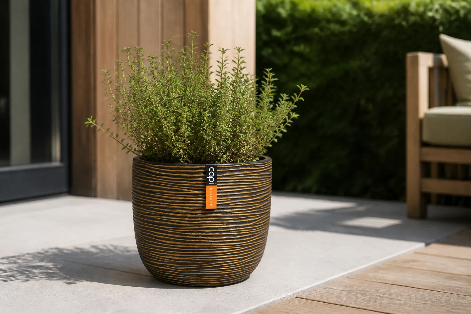 Sfeerfoto van Capi europe Pot bol Rib 14×13 zwart goud bloempot – geel;zwart