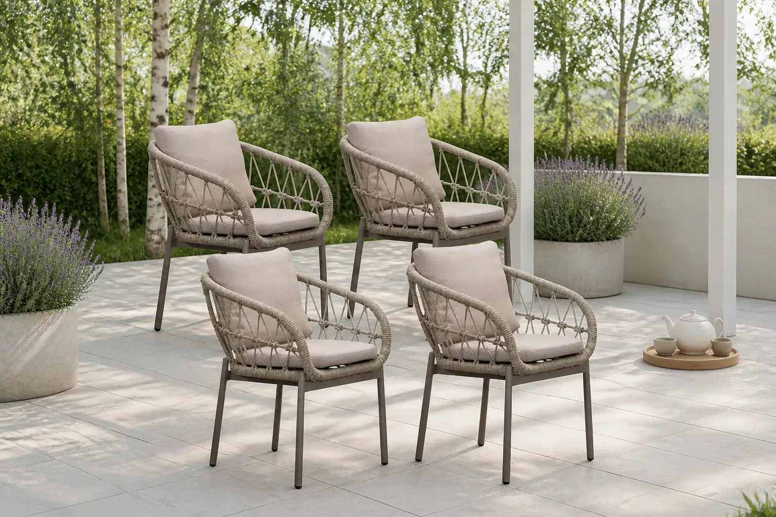 Sfeerfoto van LUX outdoor living Dakota dining tuinstoel set van 4 | touw + aluminium | beige
