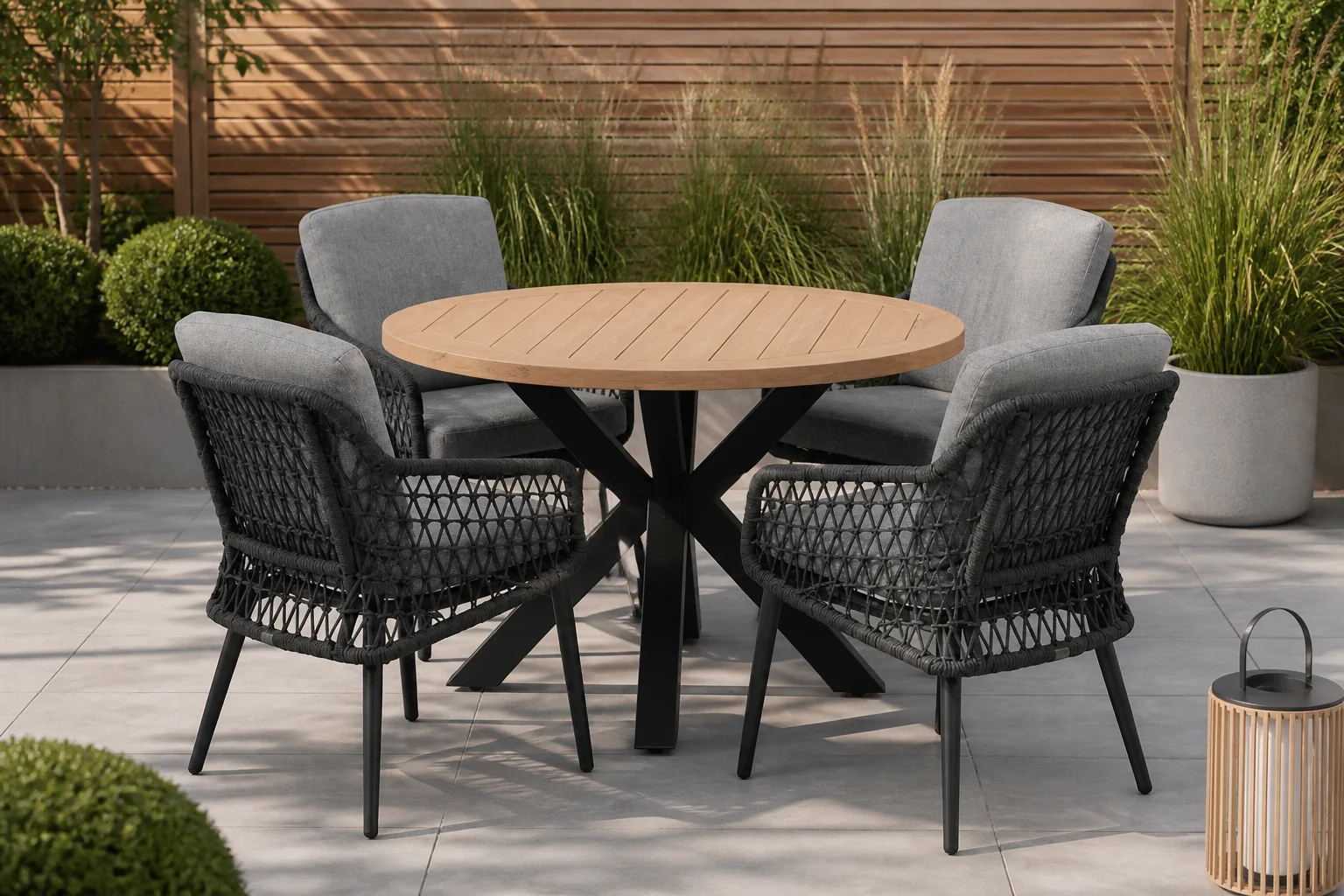 Sfeerfoto van LUX outdoor living Cleve/Vedra antraciet dining tuinset | 4 personen | teakhout + touw | 120cm rond