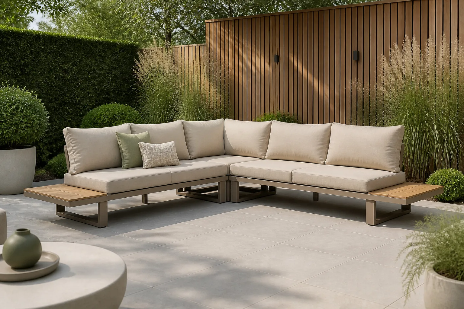 Sfeerfoto van LUX outdoor living Canyon hoek loungeset 5 personen | aluminium + hardhout | beige | 4-delig 288x288cm