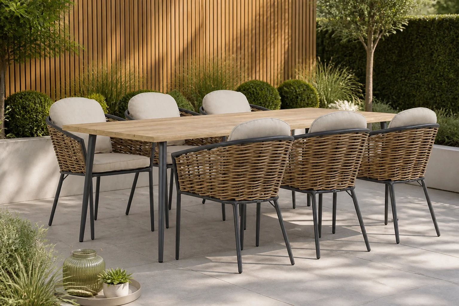 Sfeerfoto van Lifestyle Garden Furniture Nice/Montana 240 cm dining tuinset 7-delig – Grijs-antraciet