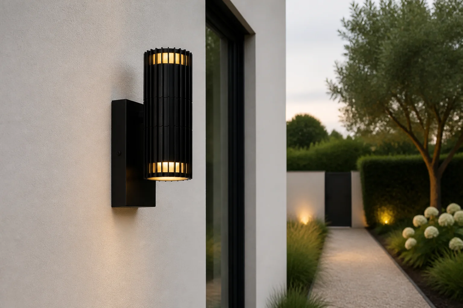 Sfeerfoto van Lucide TIMBALA wandlamp Binnen/Buiten Adapter/lichtnet – Zwart