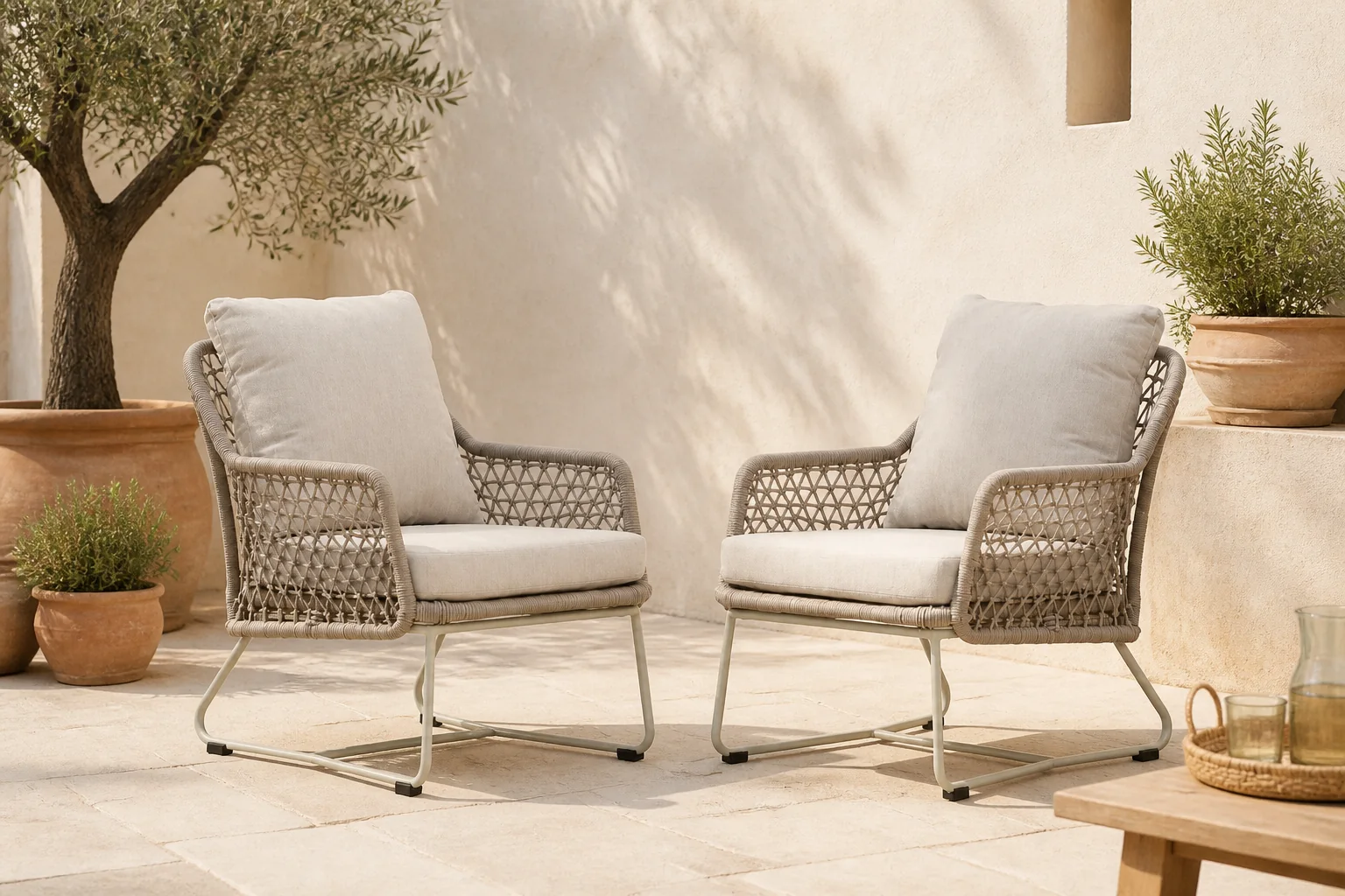 Sfeerfoto van BUITEN living Gianna loungestoel tuin set van 2 | touw + aluminium | Almond Beige
