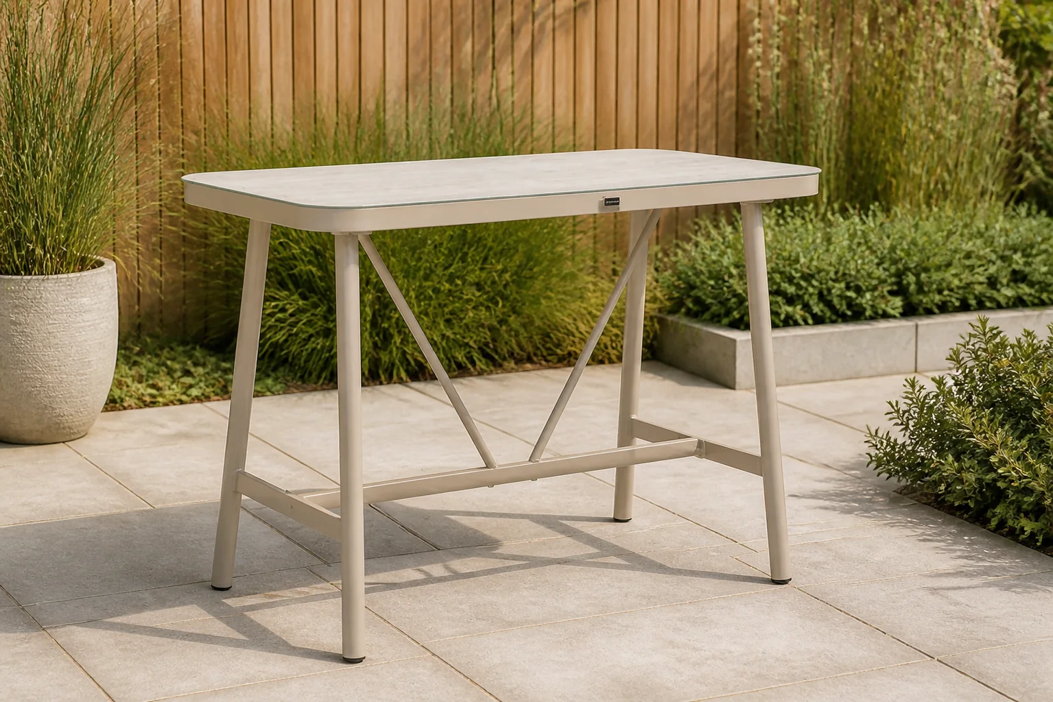 Sfeerfoto van Lifestyle Garden Furniture Tavano bartafel 150×75 cm – Zand/Beige