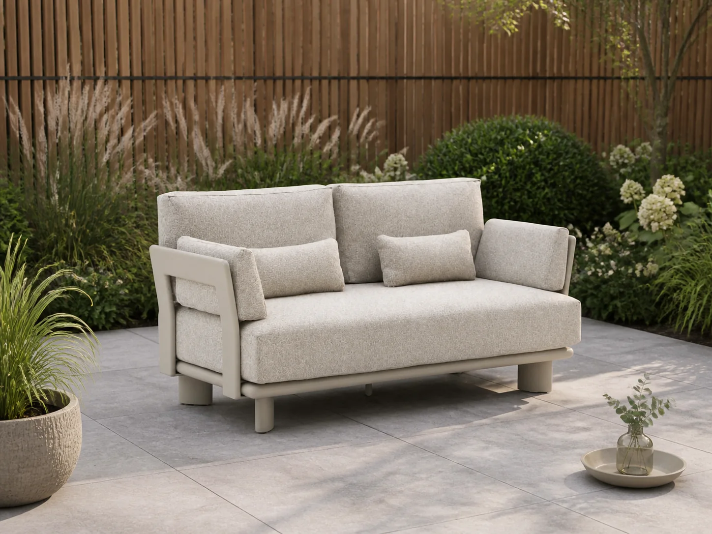 Sfeerfoto van Bellagio tuinmeubelen + 15% kassakorting | Bellagio Battuello lounge tuinbank 2-zits 160cm – Taupe