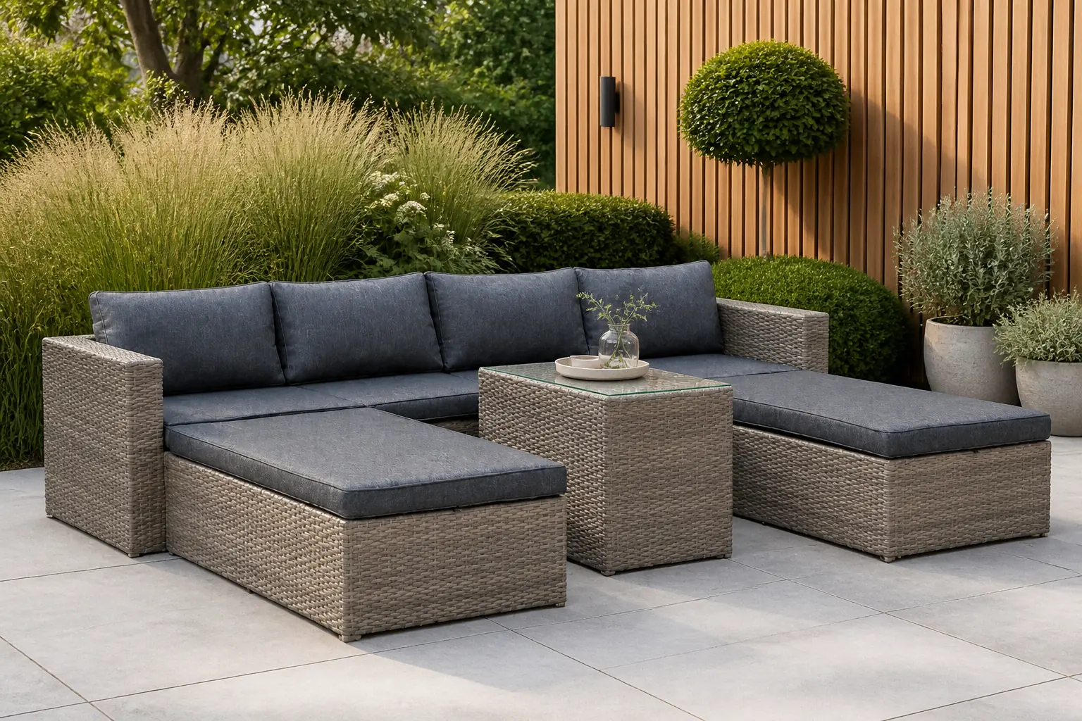Sfeerfoto van Denza Furniture Rio ligbed loungeset modulair 8 personen | wicker | Kobo Grey | 5-delig 258x193cm – Donkergrijs – Donkerbruin