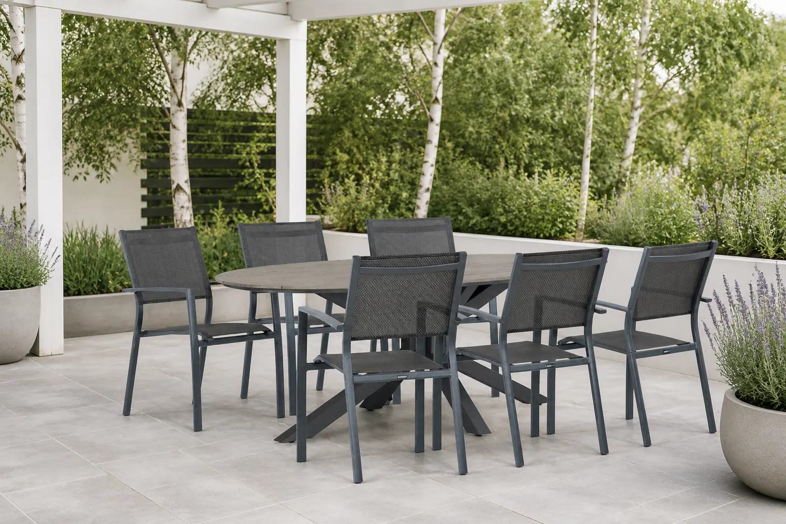 Sfeerfoto van Lifestyle Garden Furniture Sella/Matara 220 cm dining tuinset 7-delig – Grijs-antraciet