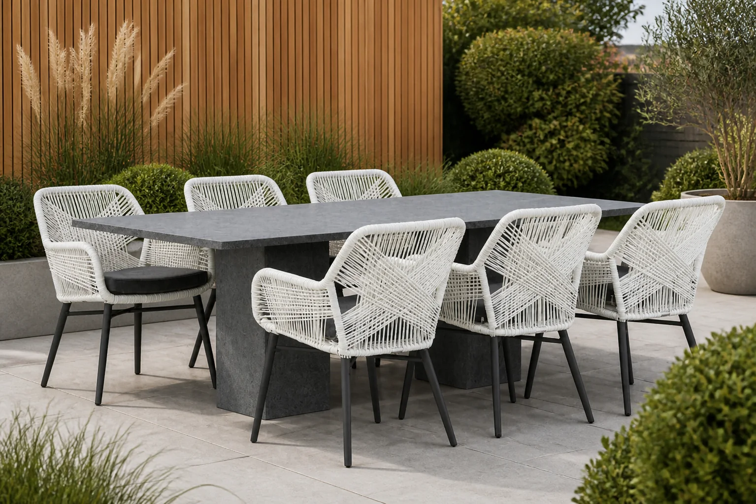 Sfeerfoto van Lifestyle Garden Furniture Advance/Graniet 220 cm dining tuinset 7-delig – Wit