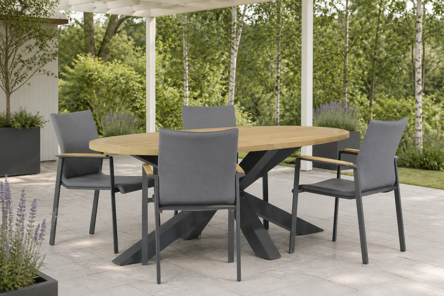 Sfeerfoto van Lifestyle Garden Furniture Brandon/Brookline 200 cm ovaal dining tuinset 5-delig – Grijs-antraciet