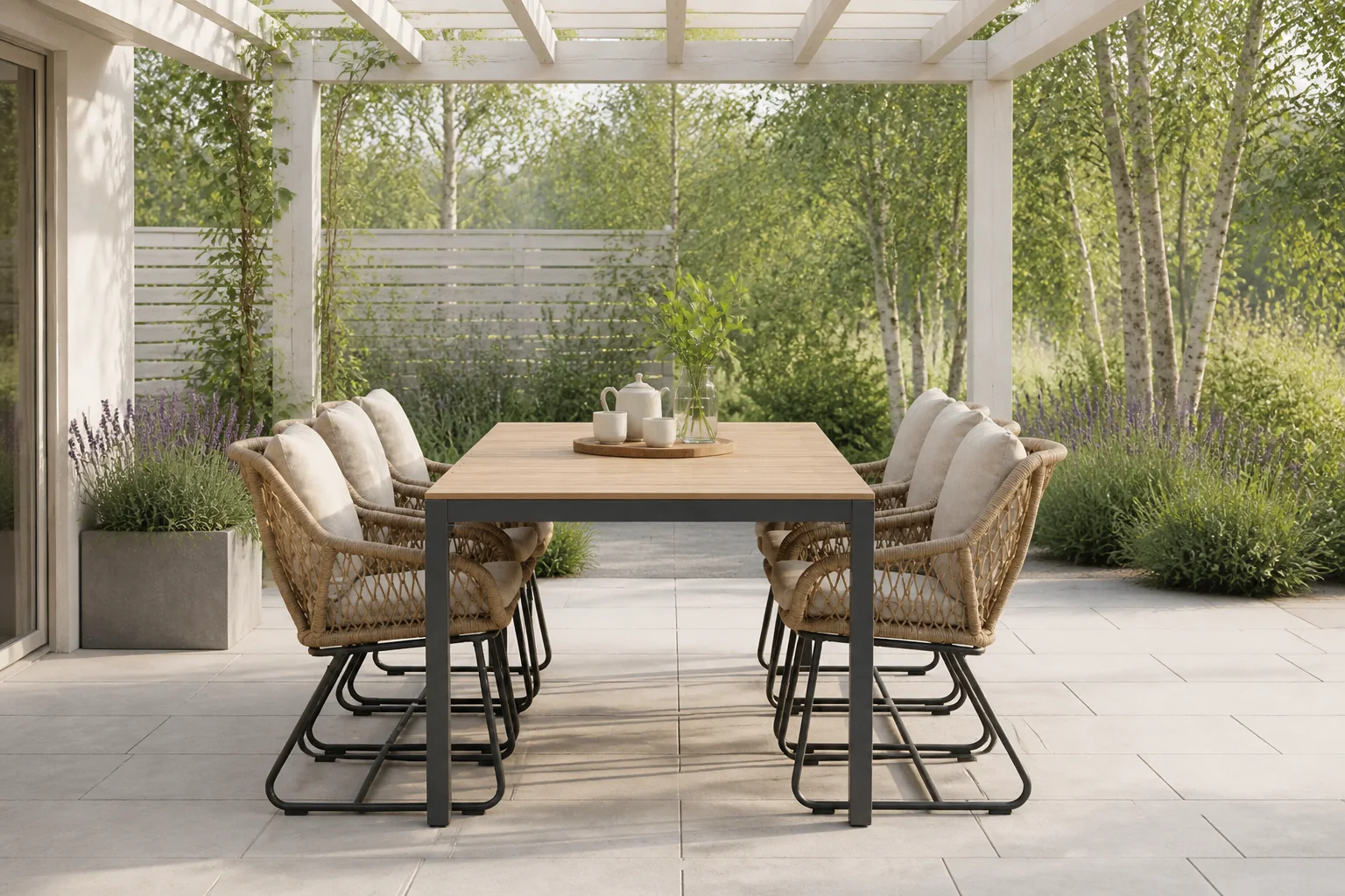 Sfeerfoto van LUX outdoor living Delta/Portofino Sahara Dust dining tuinset | 6 personen | teakhout + touw | 220cm – Zand