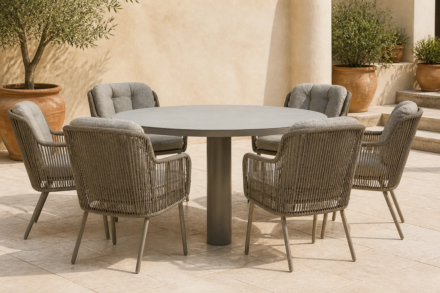 Sfeerfoto van Santika Furniture Cayora/Arancia 150 cm dining tuinset 7-delig – Taupe-naturel-bruin