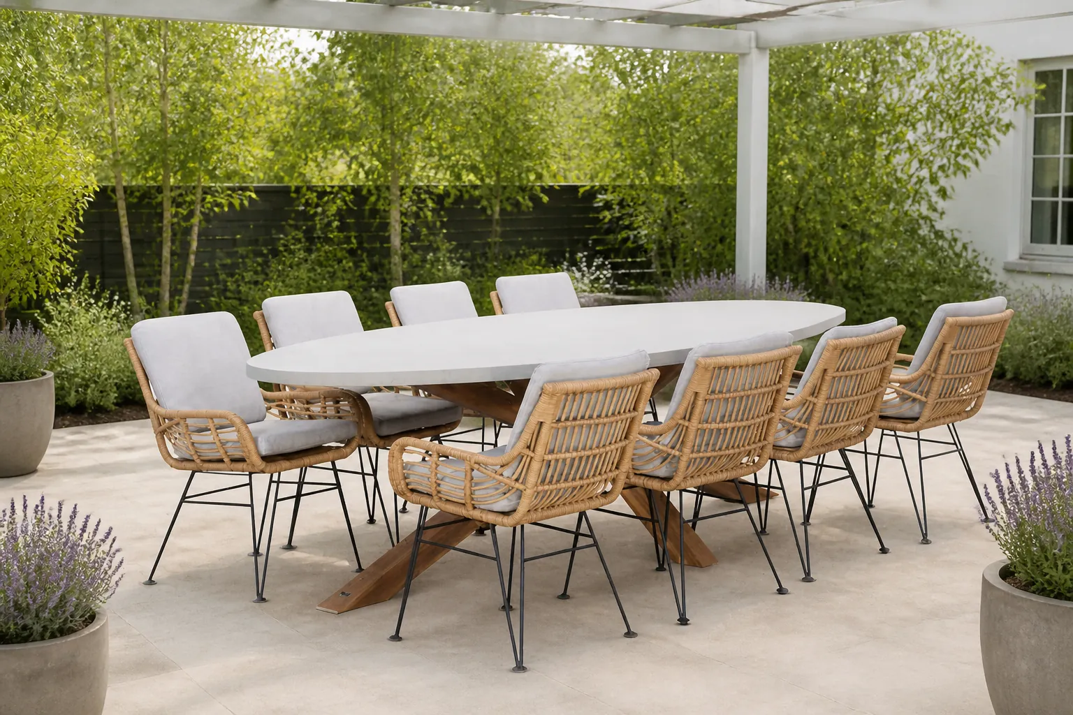 Sfeerfoto van BUITEN living Livorno/Carlos Bamboo taupe dining tuinset | 8 personen | betonlook + wicker | 280cm