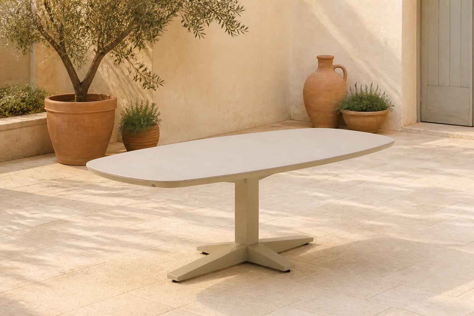 Sfeerfoto van Apple Bee Zanzibar dining tuintafel 220 x 110 cm – Taupe-naturel-bruin