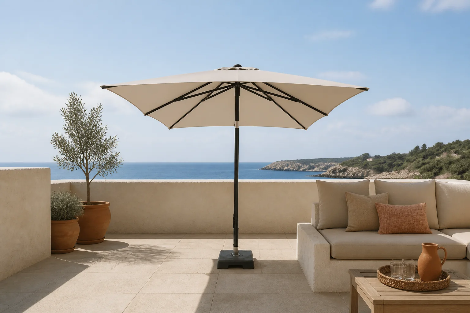 Sfeerfoto van Madison Parasol Denia (200×200 cm) – Ecru