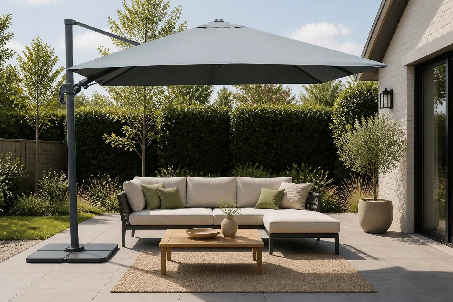 Sfeerfoto van Fonteyn Zweefparasol 300 x 300 cm Shadow LED Antraciet/Faded Grey Collectie