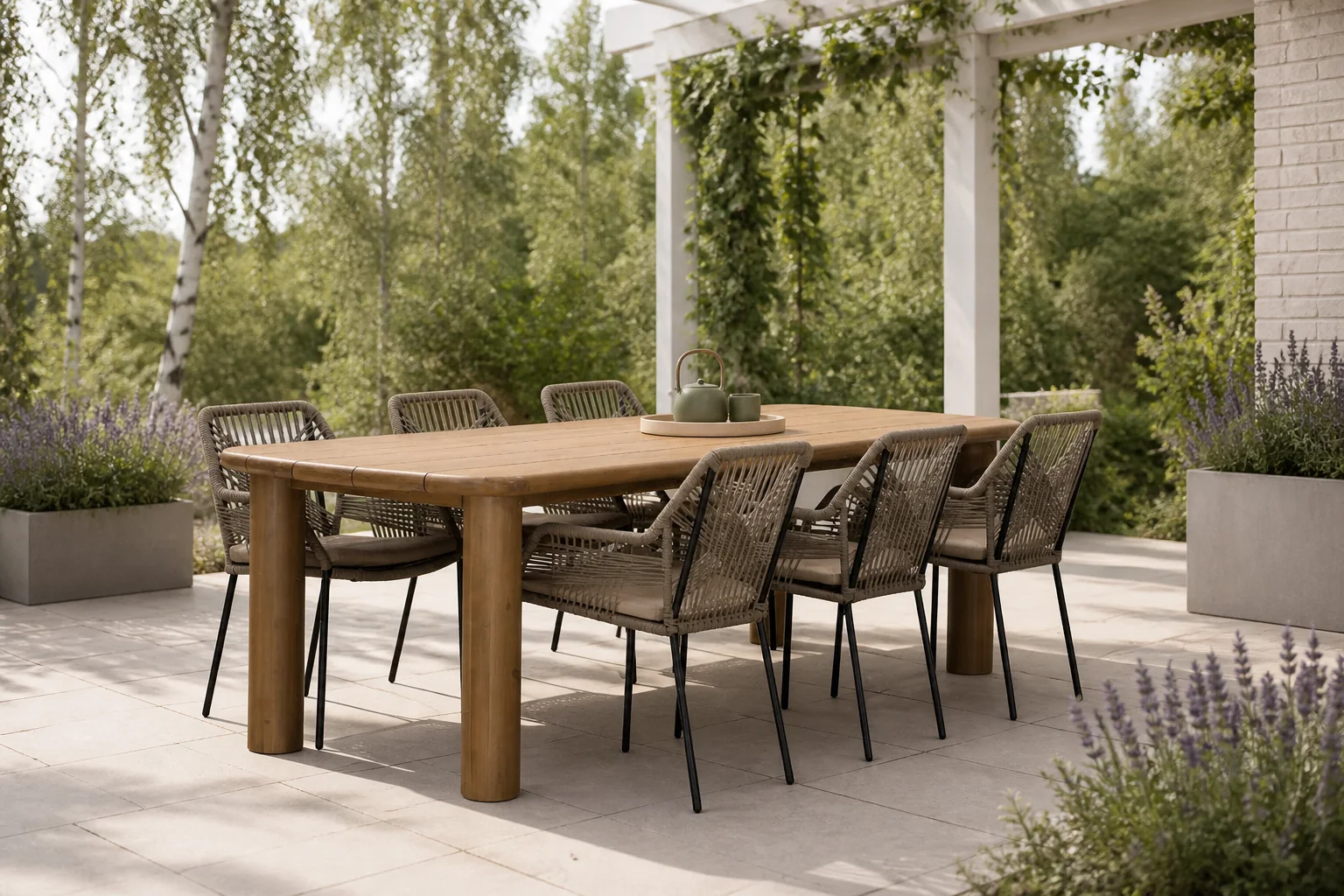 Sfeerfoto van BUITEN living Laredo/Seville zand dining tuinset | 6 personen | hardhout + aluminium | 255cm