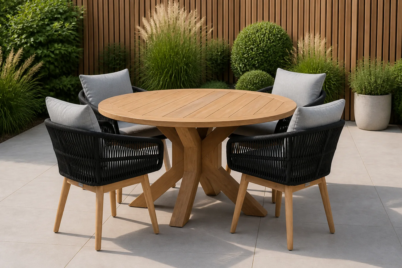 Sfeerfoto van BUITEN living Genua/Bella zwart dining tuinset | 4 personen | teakhout + touw | 120cm rond