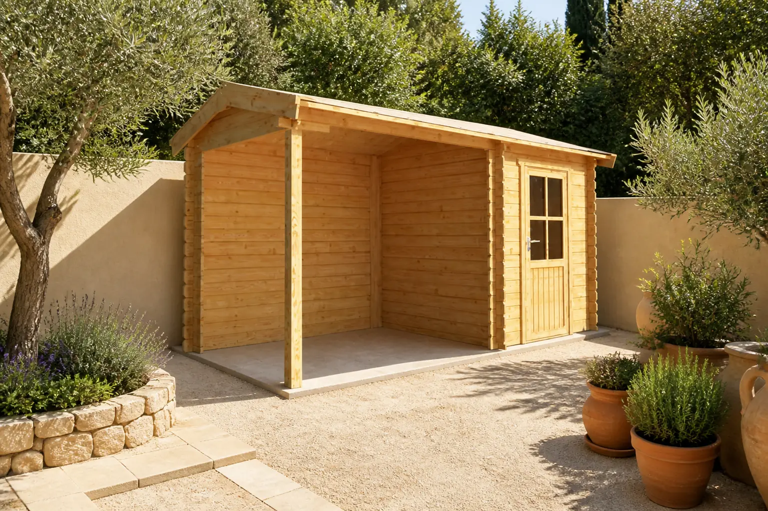 Sfeerfoto van Warentuin collection Blokhut, tuinhuisje met overkapping Fenna-Alicia 450 cm bij 200 cm diep zadeldak 3 – bruin