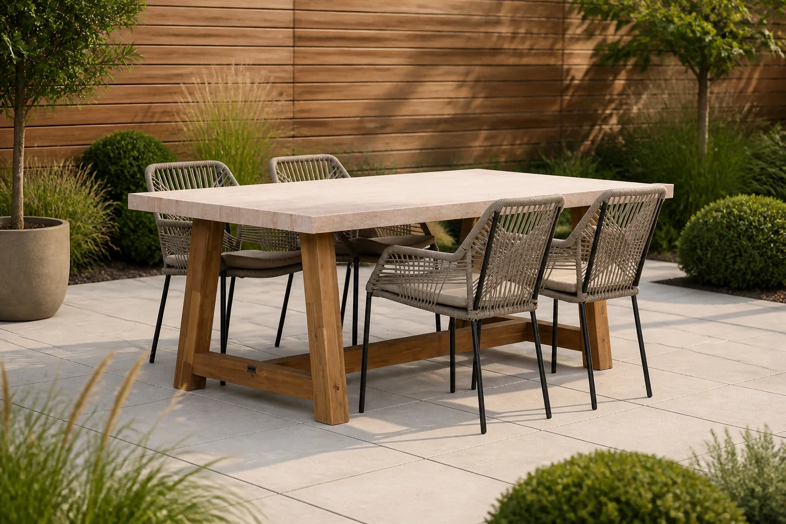 Sfeerfoto van BUITEN living Velora/Seville zand dining tuinset | 4 personen | travertin + aluminium | 200cm