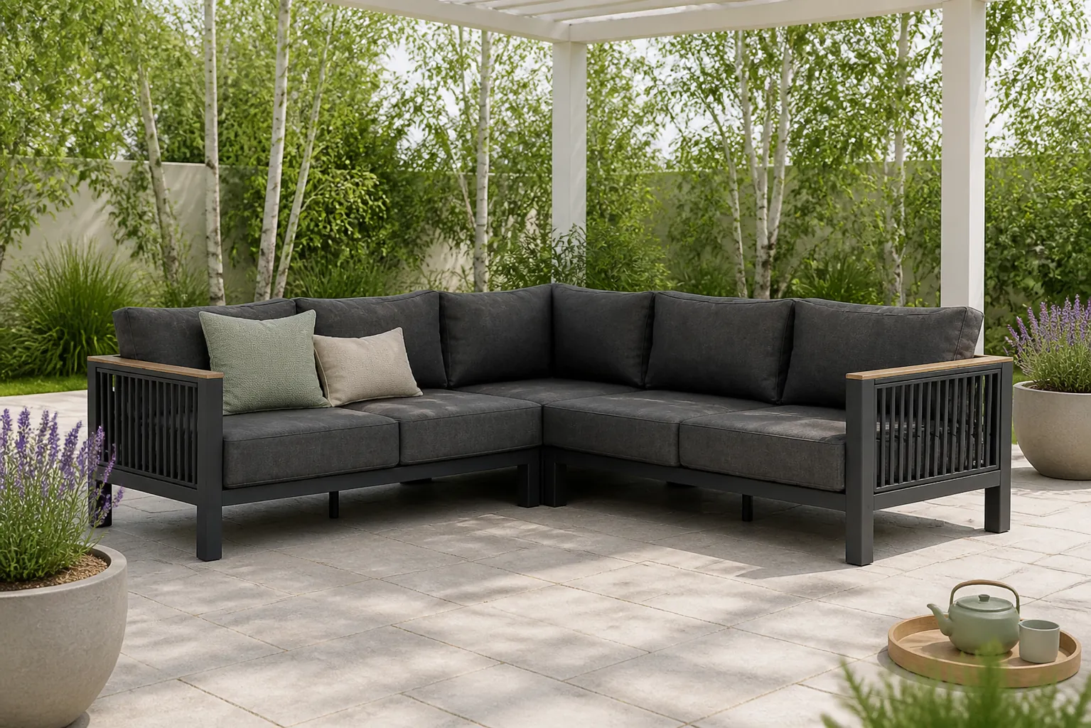 Sfeerfoto van Santika Furniture Shadow hoek loungeset 3-delig – Grijs-antraciet