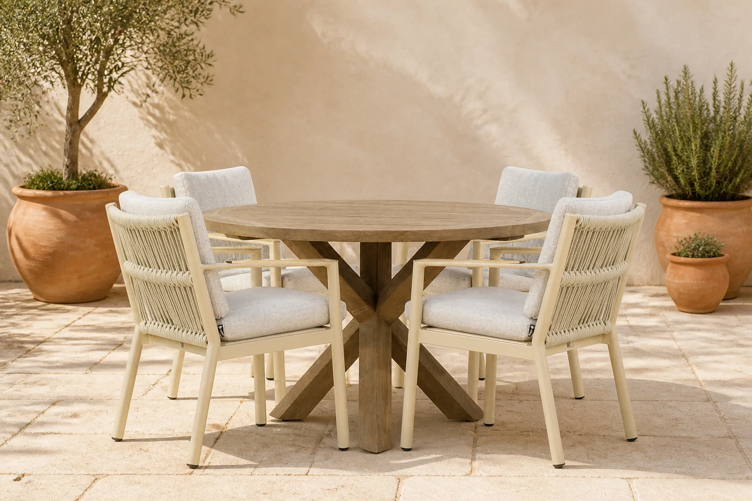 Sfeerfoto van Coco Sevilla/Sand City 120 cm dining tuinset 5-delig – Taupe-naturel-bruin