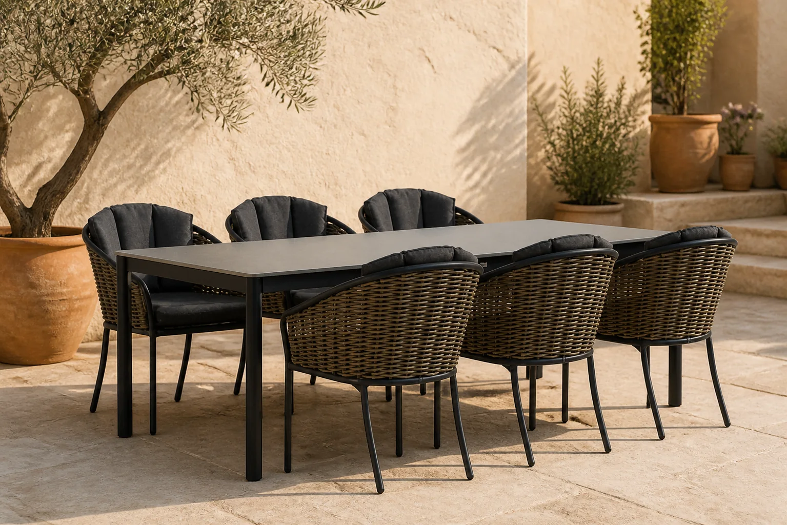 Sfeerfoto van Coco Santika Tika/Como 220 cm dining tuinset 7-delig – Grijs-antraciet