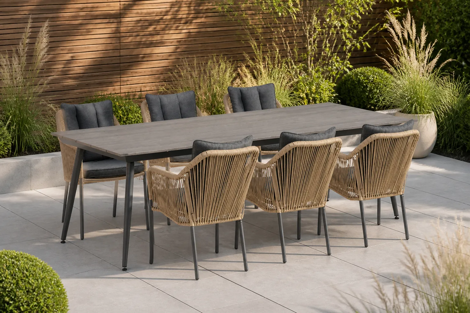 Sfeerfoto van De Laan Projects Laan Marbella/Matale 240 cm dining tuinset 7-delig – Taupe-naturel-bruin