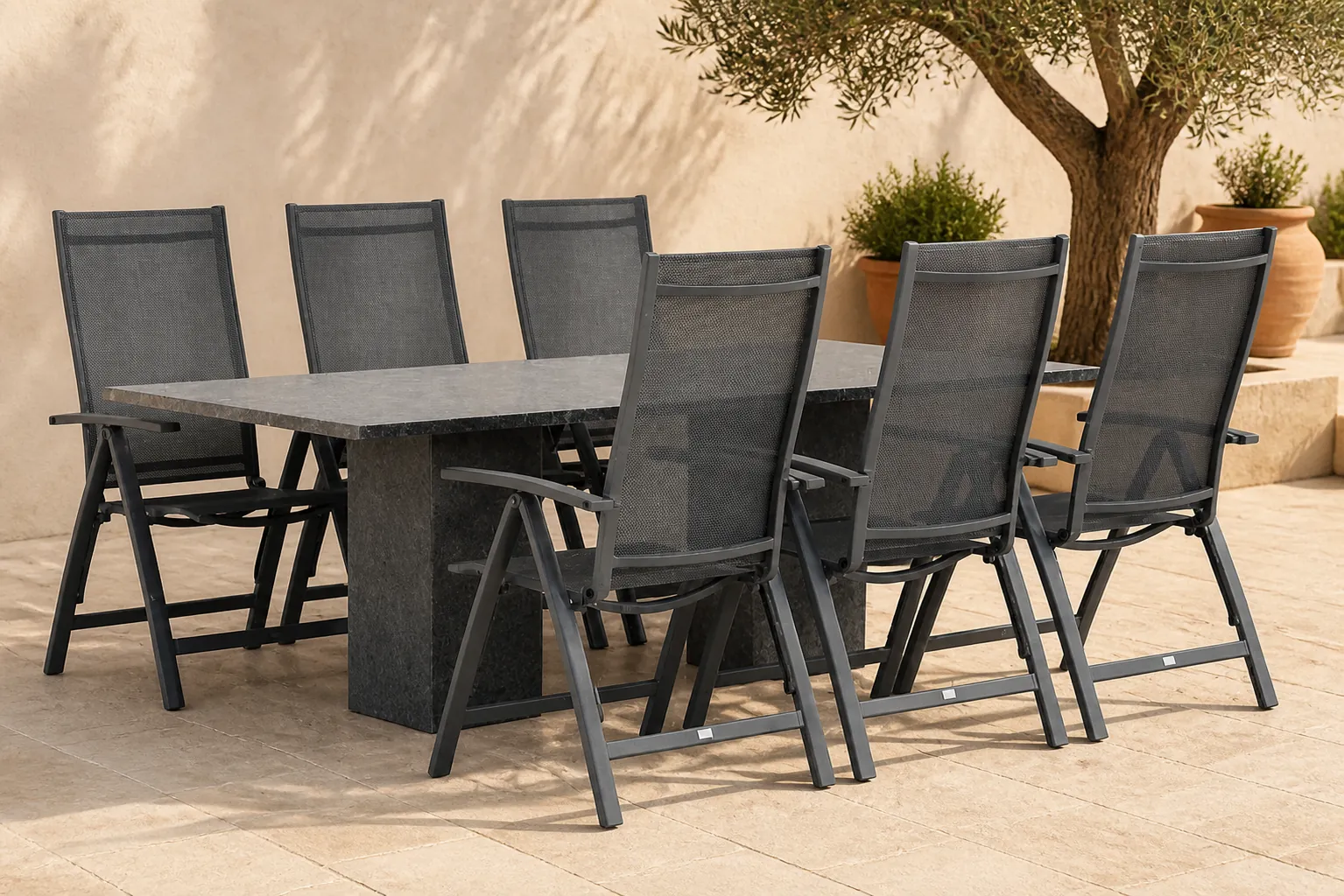 Sfeerfoto van Presto Vasto/Graniet 220 cm dining tuinset 7-delig – Grijs-antraciet
