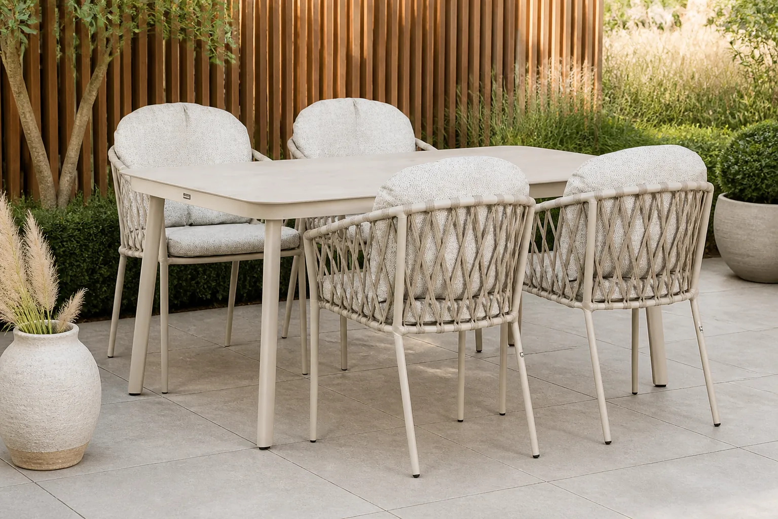 Sfeerfoto van Lifestyle Garden Furniture Morano/Tavano 160×90 cm dining tuinset 5-delig – Zand/Beige