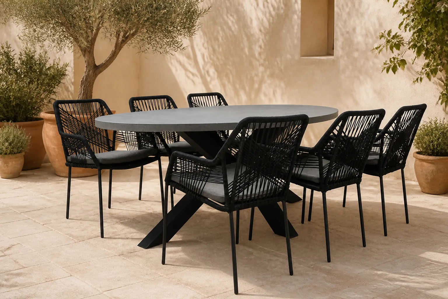 Sfeerfoto van BUITEN living Stockholm/Seville zwart dining tuinset | 6 personen | betonlook + touw | 200cm – Antraciet