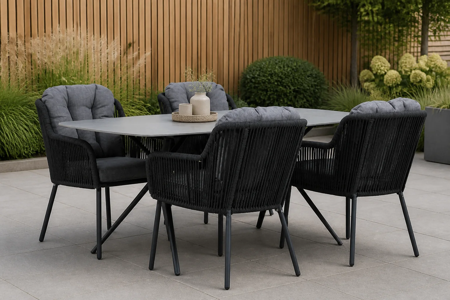 Sfeerfoto van Santika Furniture Tendenza/Valerio 180 cm dining tuinset 5-delig – Grijs-antraciet