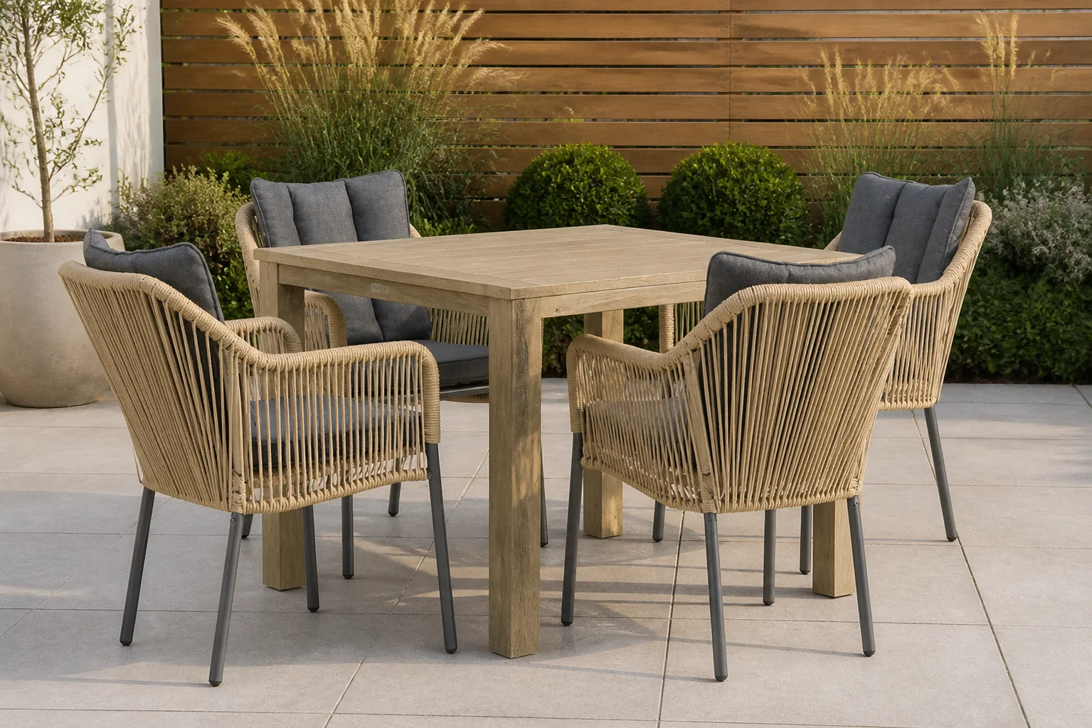 Sfeerfoto van De Laan Projects Laan Marbella/Weston 90 cm dining tuinset 5-delig – Taupe-naturel-bruin