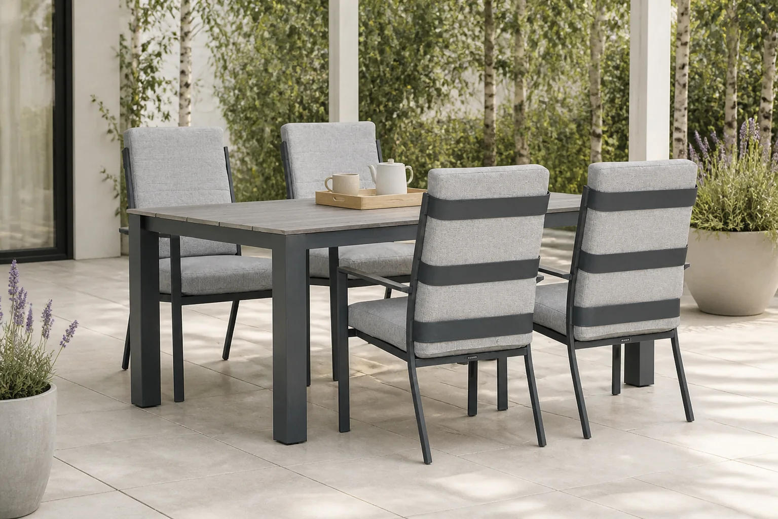 Sfeerfoto van Lifestyle Garden Furniture Lecce/Valley 180×92 cm dining tuinset 5-delig – Grijs-antraciet