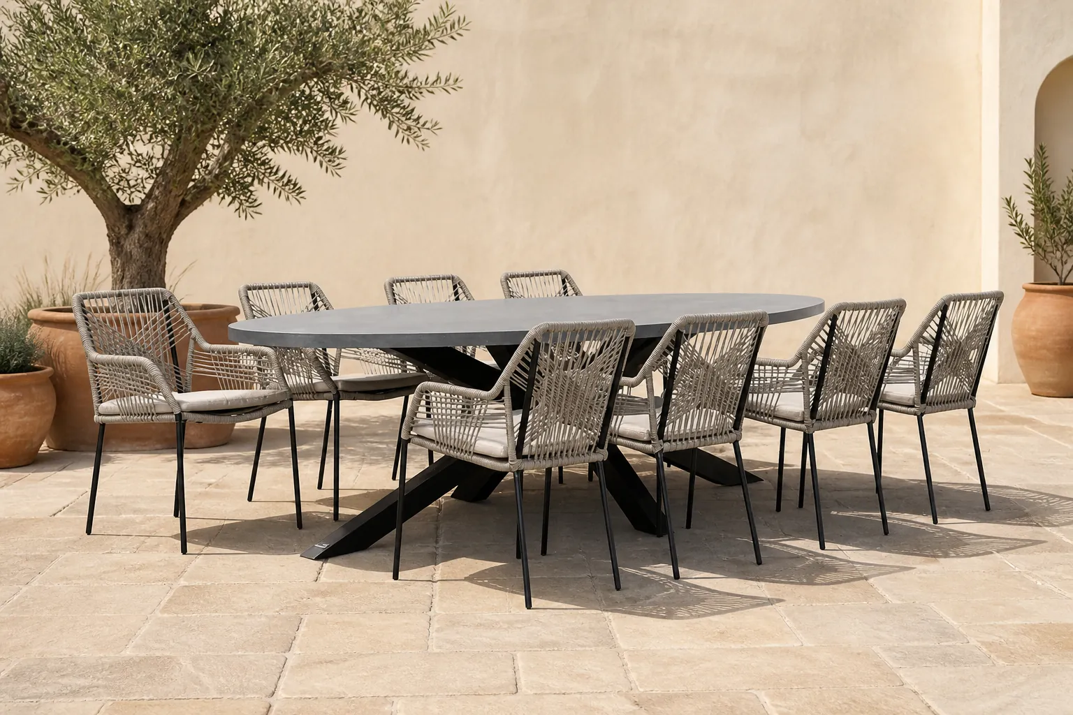 Sfeerfoto van BUITEN living Stockholm/Seville zand dining tuinset | 8 personen | betonlook + touw | 280cm ovaal – Zwart