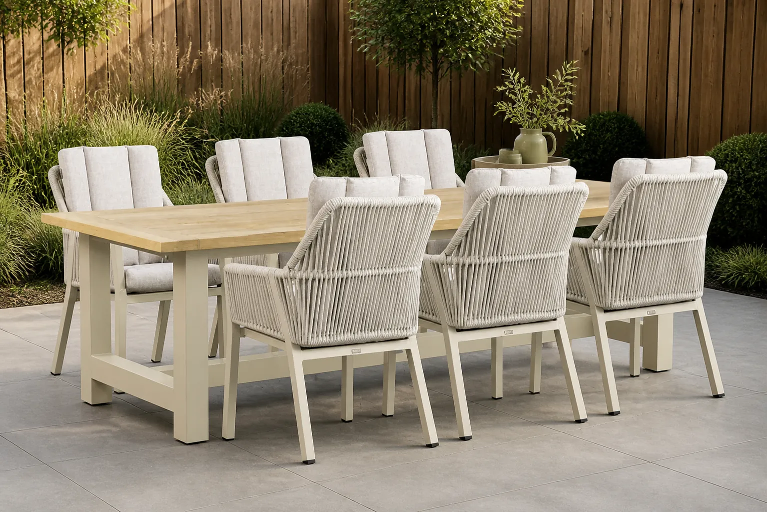 Sfeerfoto van Lifestyle Garden Furniture Verona/San Francisco 260 cm dining tuinset 7-delig – Taupe-naturel-bruin
