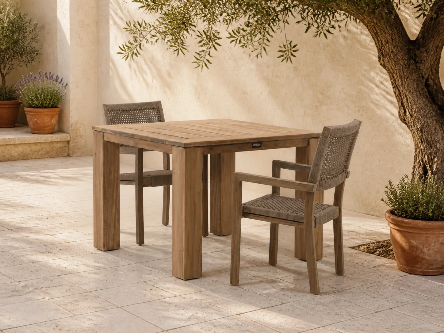 Sfeerfoto van ROUGH Furniture ROUGH-Batang Rope/ROUGH-X 100cm dining tuinset 3-delig stapelbaar – Bruin