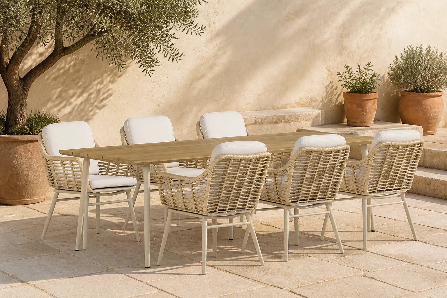 Sfeerfoto van Coco Antoni/Montana 240 cm dining tuinset 7-delig – Taupe-naturel-bruin