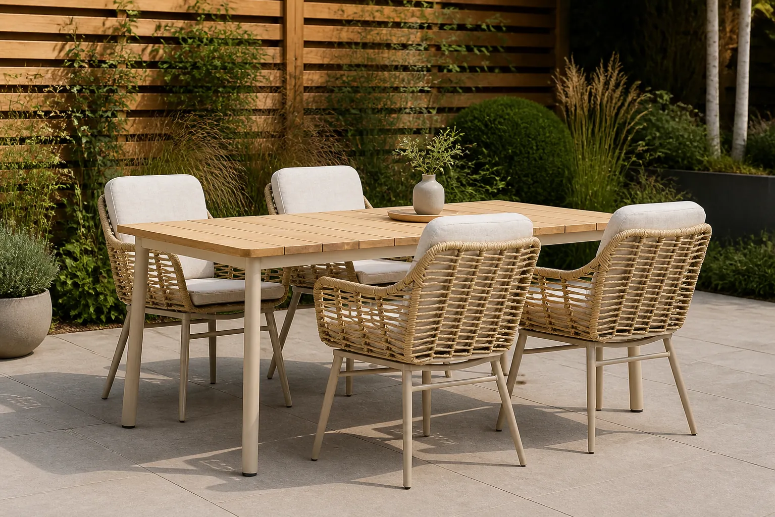 Sfeerfoto van Coco Antoni/Milou 180 cm dining tuinset 5-delig – Taupe-naturel-bruin