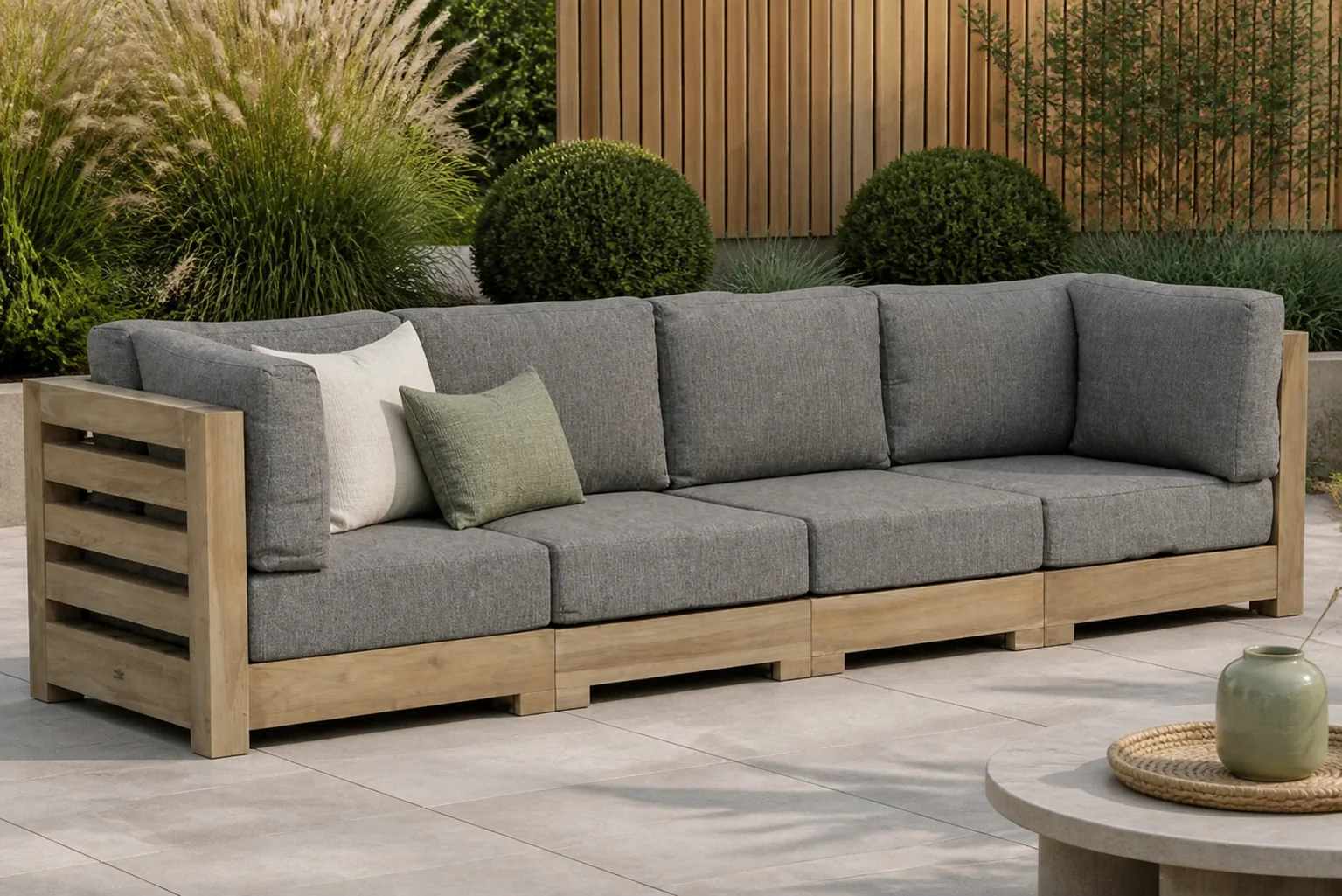 Sfeerfoto van Santika Furniture Levante lounge tuinbank 4-delig – Old teak greywash