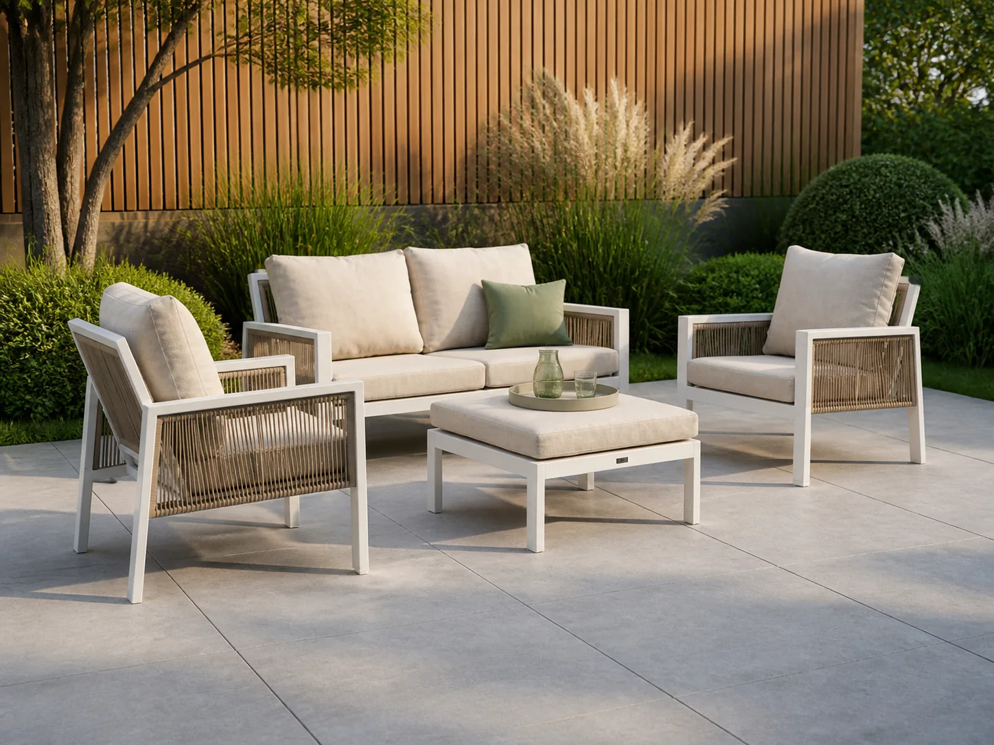 Sfeerfoto van Manifesto Furniture + 15% kassakorting | Manifesto Alzano stoel-bank loungeset 4-delig – Taupe