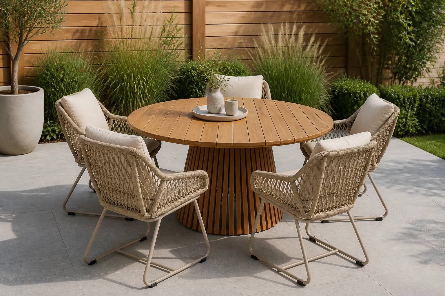 Sfeerfoto van BUITEN living Palau/Portofino Sandstone dining tuinset | 5 personen | teakhout + touw | Ø140cm rond – Taupe – Naturel – Bruin, Beige