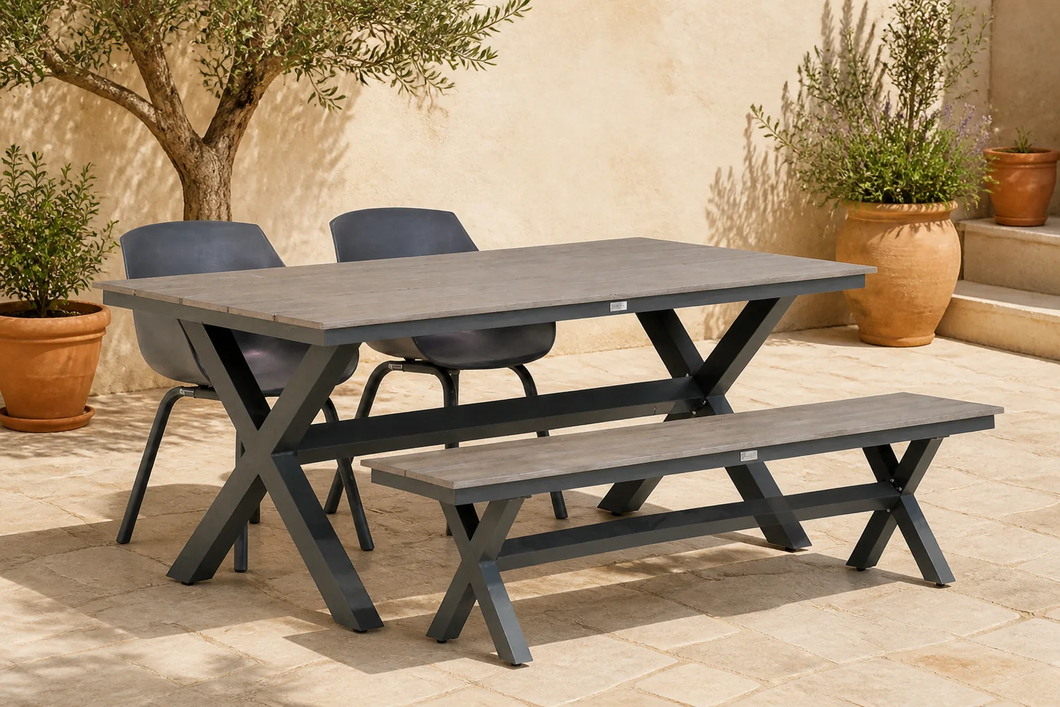 Sfeerfoto van Lifestyle Garden Furniture Salina/Forest 180 cm dining tuinset 4-delig – Grijs-antraciet