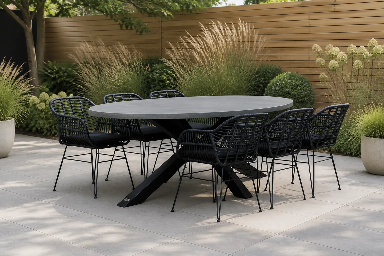 Sfeerfoto van BUITEN living Stockholm/Napels dining tuinset | 6 personen | betonlook + wicker | 240cm ovaal – Zwart
