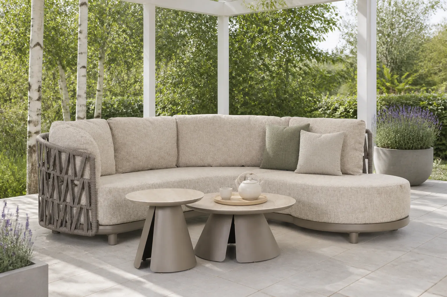 Sfeerfoto van Santika Furniture Cayora organisch loungeset 4-delig-2 – Taupe-naturel-bruin